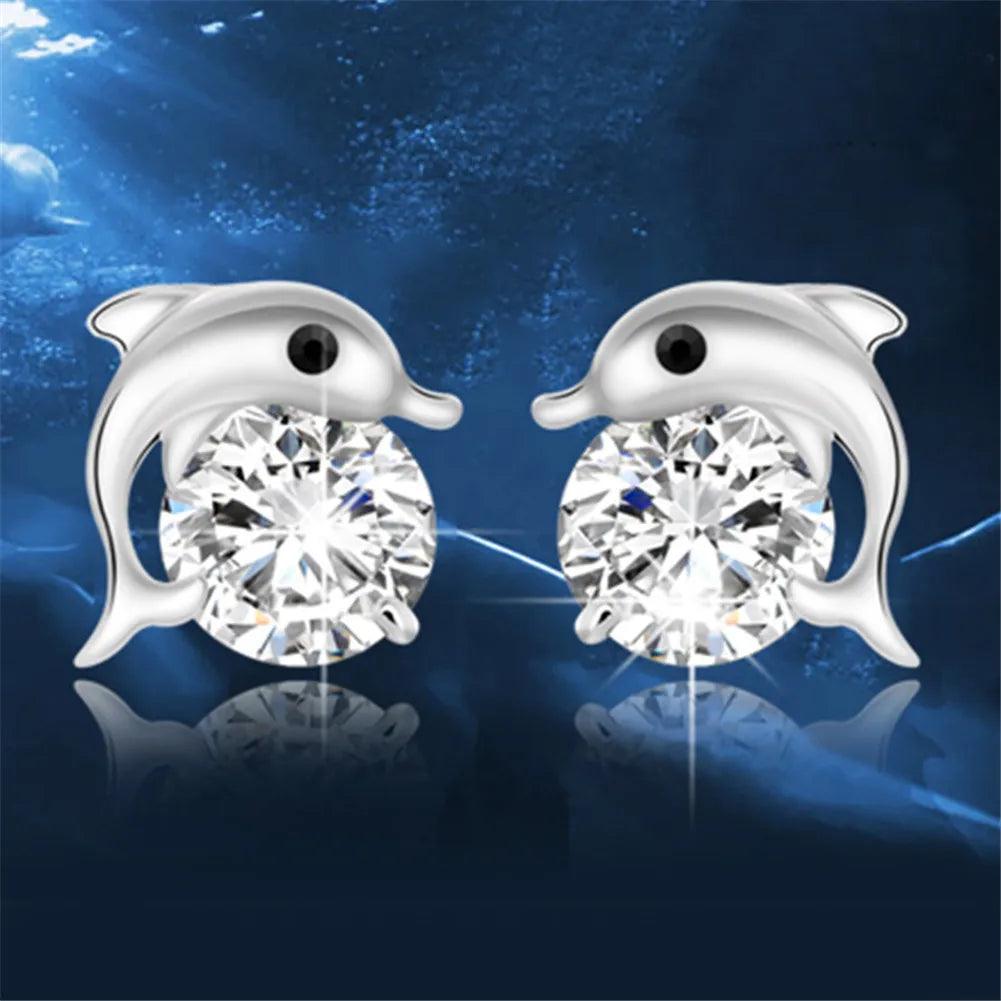 Cute Romantic Dolphin Love Stud Earrings For Women High Quality 925 Jewelry Stering Silver Round Cut AAA Zircon Brinco Bijoux - petguardiansupplies