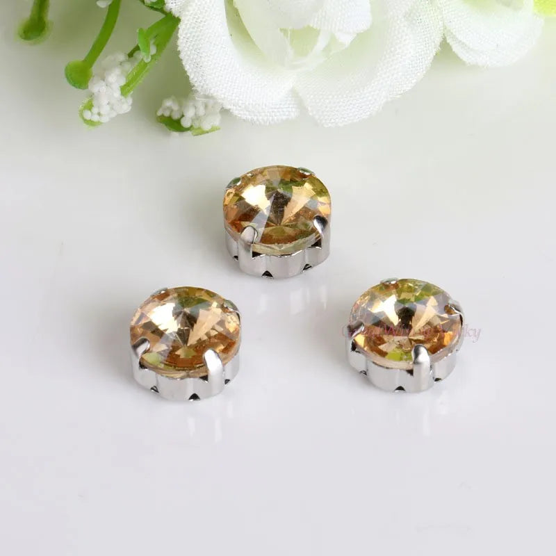 Glass Rhinestones! Satellite / Round Shape Diamond With Claw Sew On Strass Metal Base Buckle Crystal Stone Beads For Clothes - petguardiansupplies