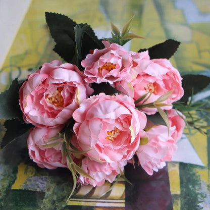 Shabby chic Bouquet European Pretty Bride Wedding Small Peony Silk Flowers Cheap Mini Fake Flowers for Home Decoration Indoor - petguardiansupplies