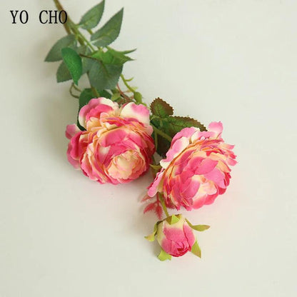 YO CHO Rose Artificial Flowers 3 Heads Pink White Peonies Silk Flower Wedding Garden Decoration Fake Flower Bouquet Peony Color - petguardiansupplies