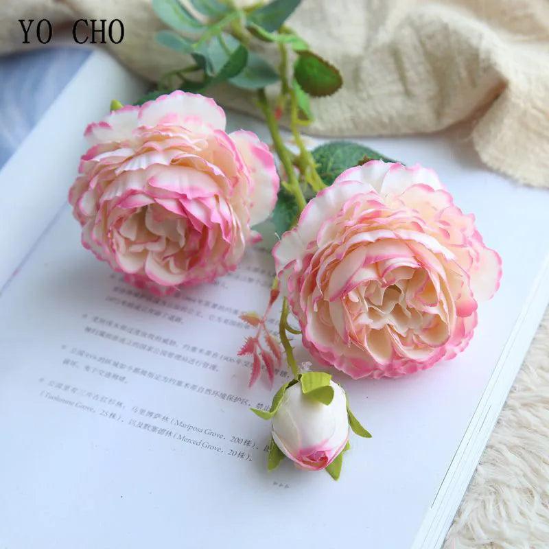 YO CHO Rose Artificial Flowers 3 Heads Pink White Peonies Silk Flower Wedding Garden Decoration Fake Flower Bouquet Peony Color - petguardiansupplies