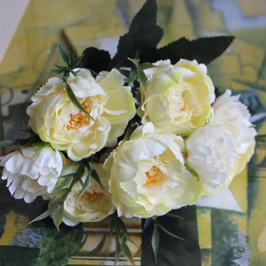 Shabby chic Bouquet European Pretty Bride Wedding Small Peony Silk Flowers Cheap Mini Fake Flowers for Home Decoration Indoor - petguardiansupplies