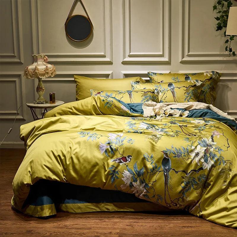 Silky Egyptian cotton Yellow Chinoiserie style Birds Flowers Duvet Cover Bed sheet Fitted sheet set King Size Queen Bedding Set - petguardiansupplies