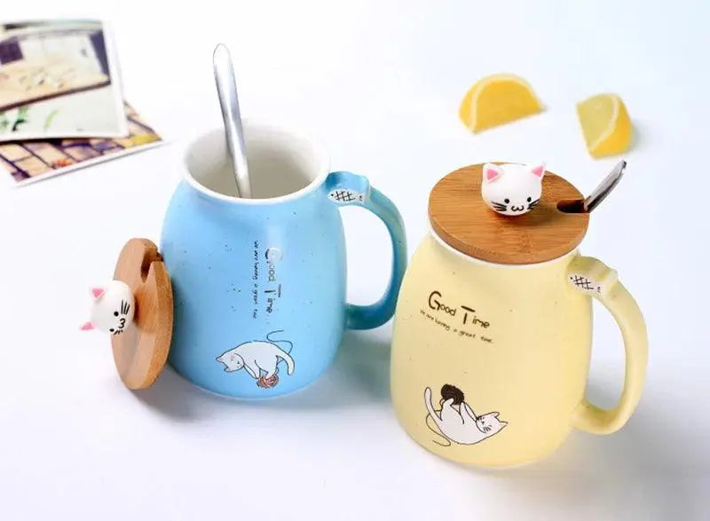 Creative color cat heat-resistant Mug cartoon with lid 450ml cup kitten coffee ceramic mugs children cup office Drinkware gift - petguardiansupplies