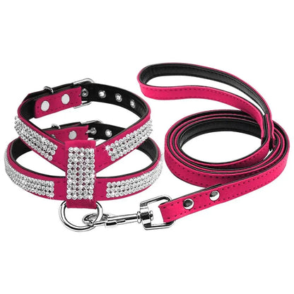 Didog Small Dog Harness And Leash set Suede Leather Rhinestone Pet Harnesses and Walking Leads For Small Medium Dogs Chihuahua - petguardiansupplies