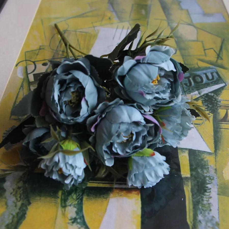 Shabby chic Bouquet European Pretty Bride Wedding Small Peony Silk Flowers Cheap Mini Fake Flowers for Home Decoration Indoor - petguardiansupplies