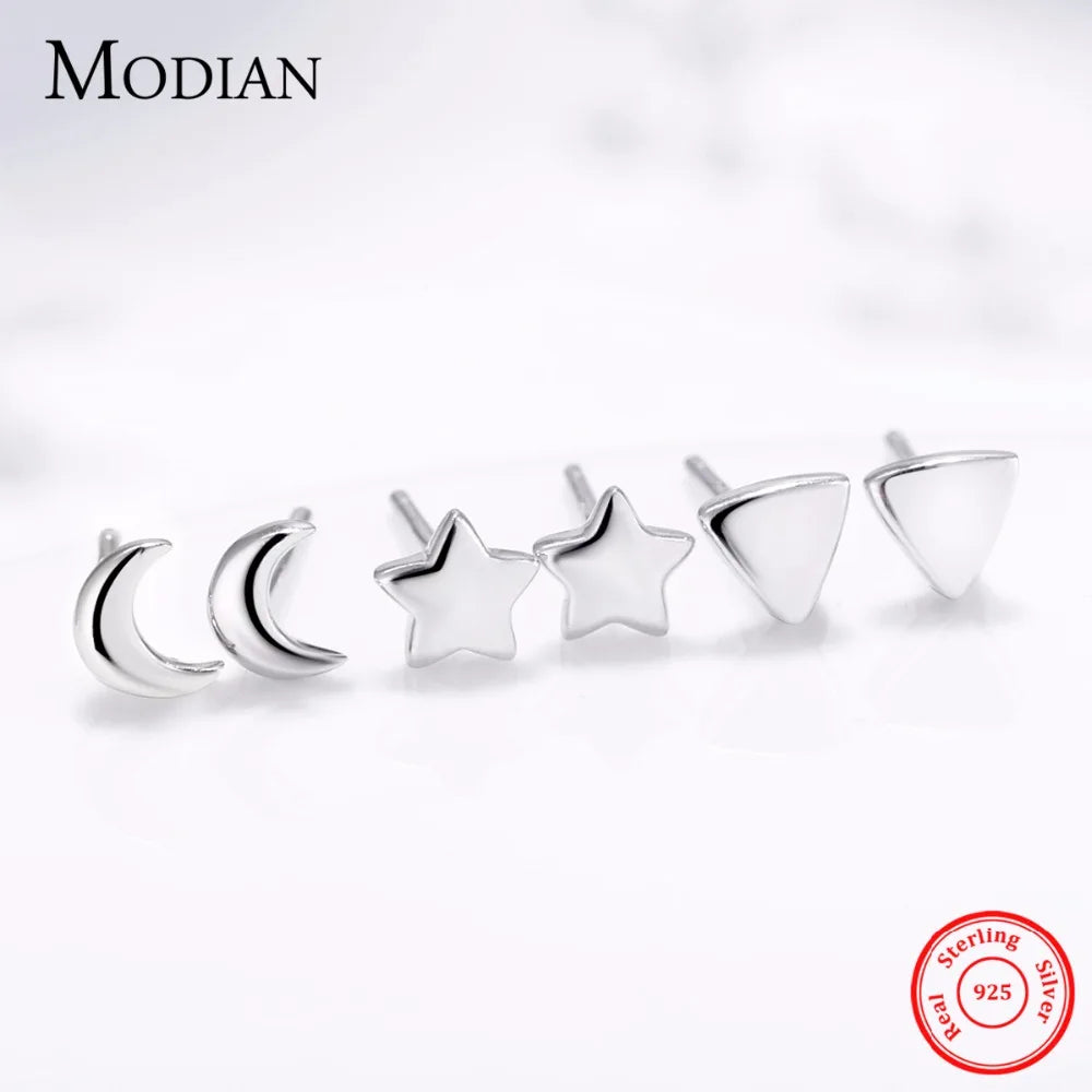 Modian New 6 Style Real 925 Sterling Silver Stars Moon Exquisite Fashion Simple Stud Earrings For Women Triangle Jewelry Brincos - petguardiansupplies