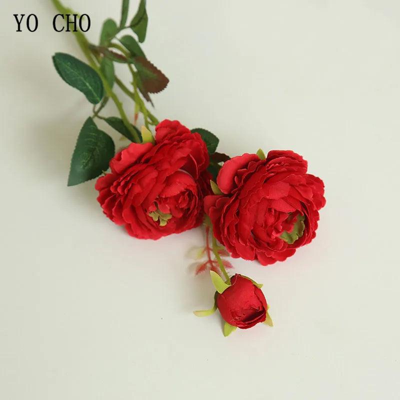 YO CHO Rose Artificial Flowers 3 Heads Pink White Peonies Silk Flower Wedding Garden Decoration Fake Flower Bouquet Peony Color - petguardiansupplies