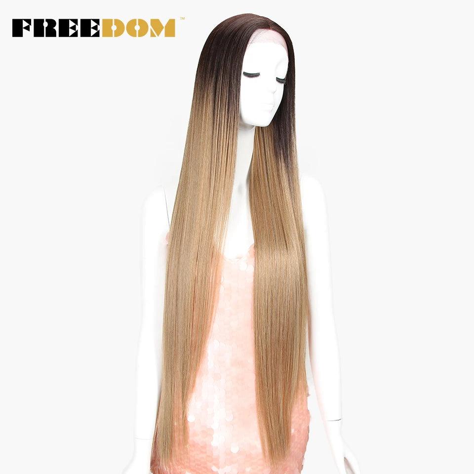 FREEDOM Synthetic Lace Front Wigs For Women Super Long 38Inch Ombre Blonde Highlight Ginger Straight Lace Wigs Cosplay Wigs - petguardiansupplies