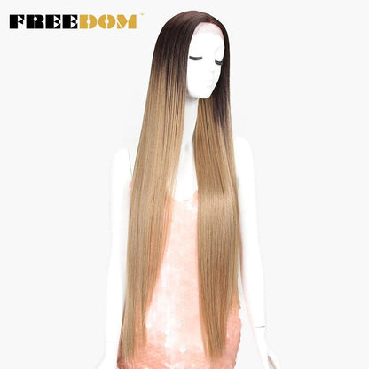 FREEDOM Synthetic Lace Front Wigs For Women Super Long 38Inch Ombre Blonde Highlight Ginger Straight Lace Wigs Cosplay Wigs - petguardiansupplies