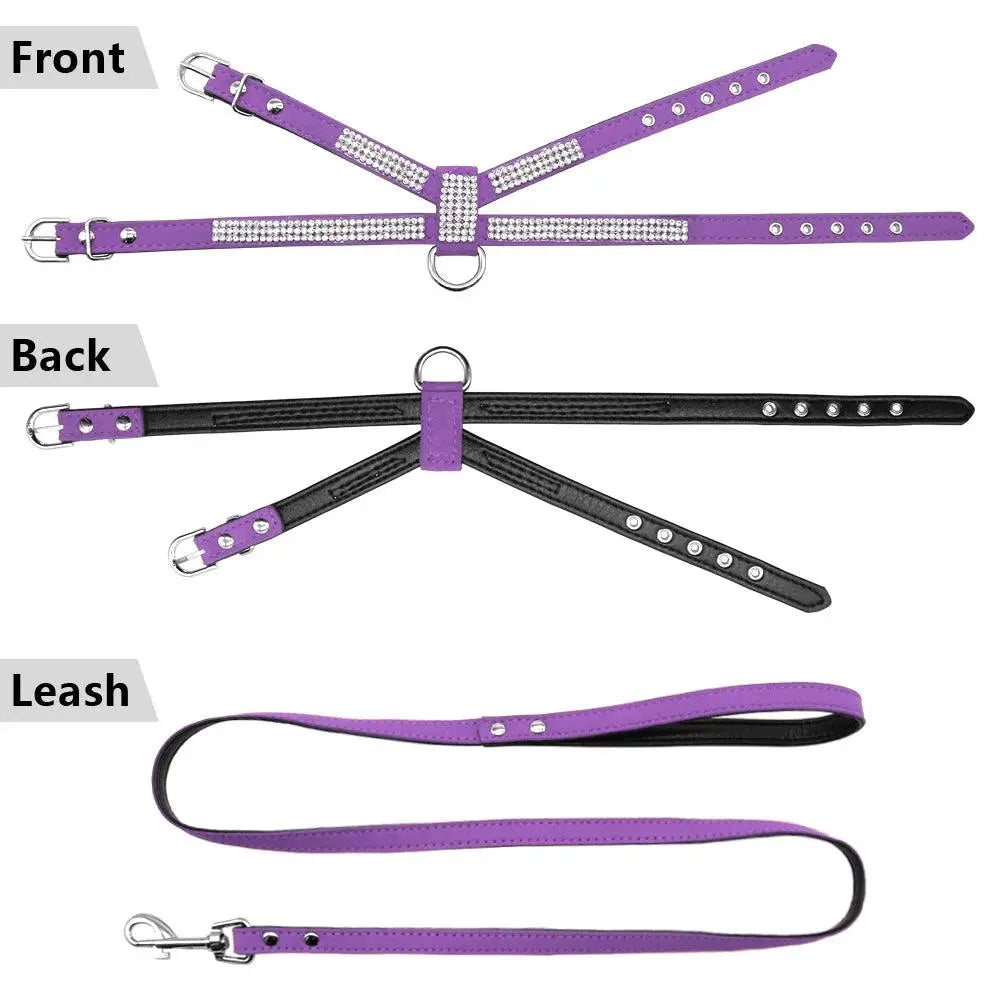 Didog Small Dog Harness And Leash set Suede Leather Rhinestone Pet Harnesses and Walking Leads For Small Medium Dogs Chihuahua - petguardiansupplies