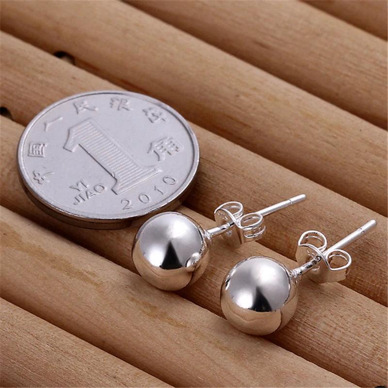 DOTEFFIL 925 Sterling Silver 8/10/12mm Round Smooth Solid Bead Ball Stud Earrings For Women Wedding Engagement Party Jewelry - petguardiansupplies