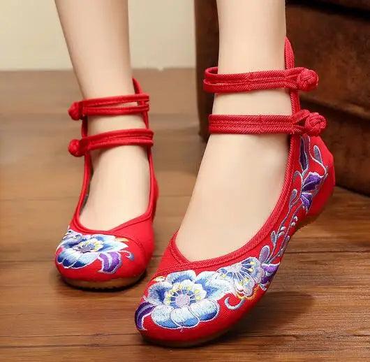 Veowalk Vintage Women Cotton Flower Embroidery Shoes Ladies Casual Chinese Style Comfortable Soft Canvas Dance Ballets Ballerina - petguardiansupplies