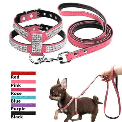 Didog Small Dog Harness And Leash set Suede Leather Rhinestone Pet Harnesses and Walking Leads For Small Medium Dogs Chihuahua - petguardiansupplies