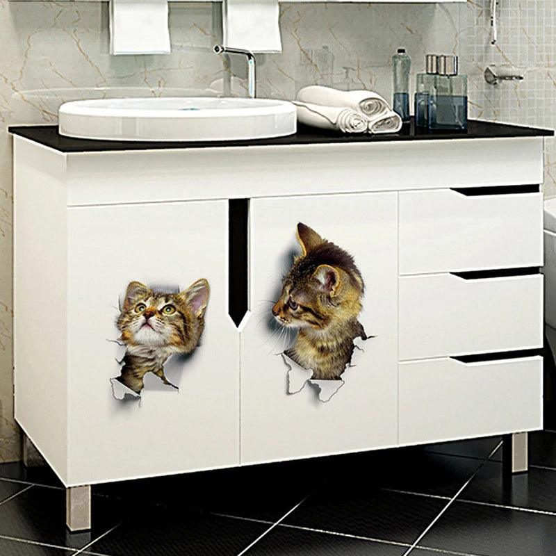 3D Cats Wall Sticker Hole View Bathroom Living Room Decoration Home Decor Animal Vinyl Decals Art Poster Cute Toilet Stickers - petguardiansupplies