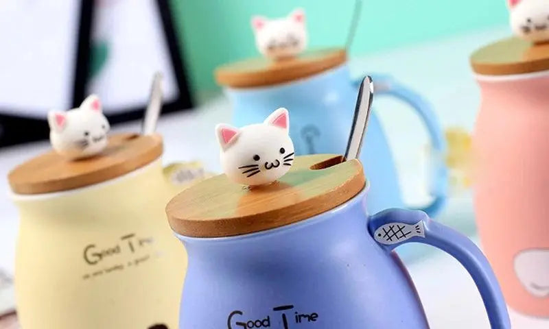 Creative color cat heat-resistant Mug cartoon with lid 450ml cup kitten coffee ceramic mugs children cup office Drinkware gift - petguardiansupplies