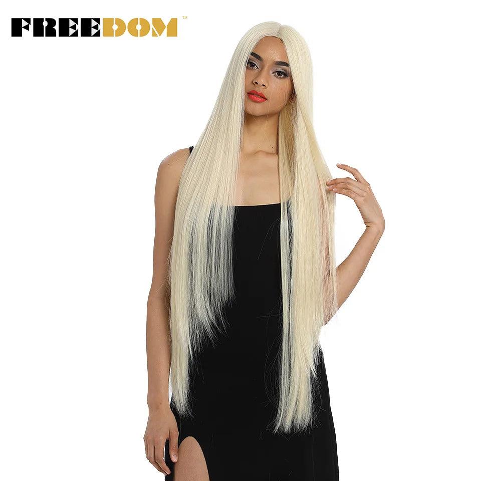 FREEDOM Synthetic Lace Front Wigs For Women Super Long 38Inch Ombre Blonde Highlight Ginger Straight Lace Wigs Cosplay Wigs - petguardiansupplies