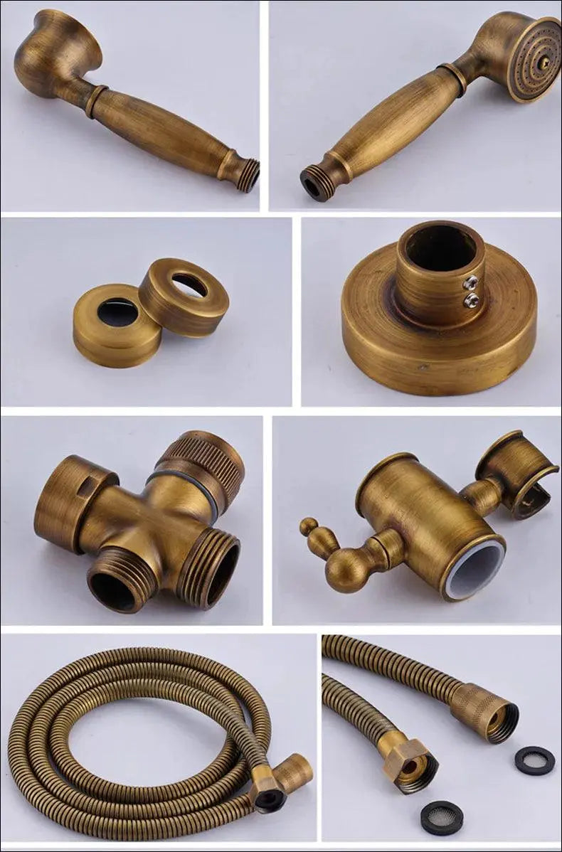 Brass Antique Shower Faucets Set  Porcelain Ceramic Shower Column Swivel Rotate Bath Spout Dual Knobs Mixer Tap Bath Shower Kit - petguardiansupplies