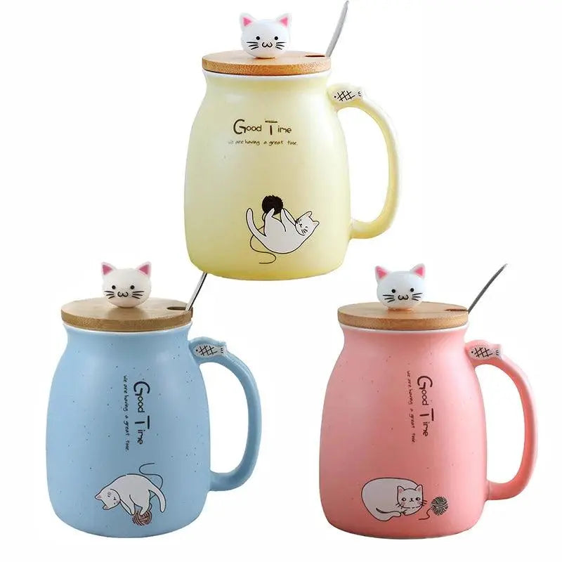 Creative color cat heat-resistant Mug cartoon with lid 450ml cup kitten coffee ceramic mugs children cup office Drinkware gift - petguardiansupplies