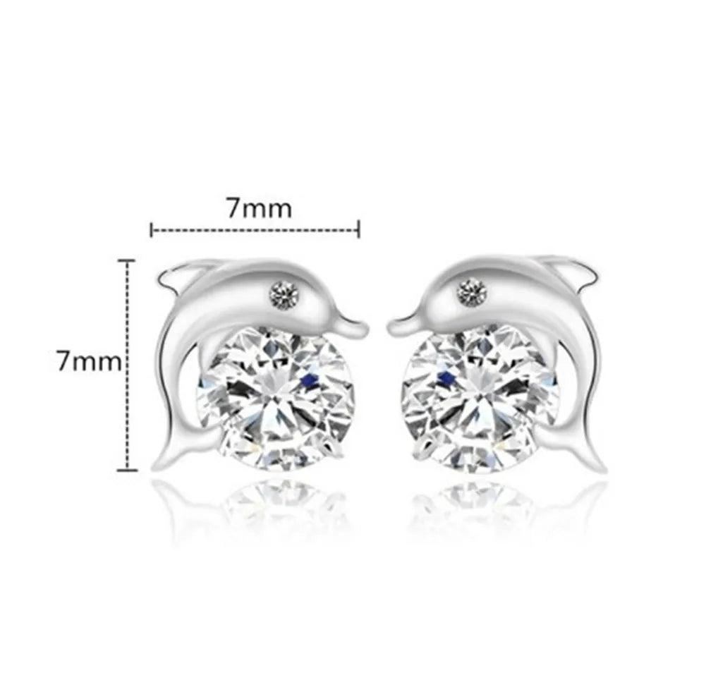 Cute Romantic Dolphin Love Stud Earrings For Women High Quality 925 Jewelry Stering Silver Round Cut AAA Zircon Brinco Bijoux - petguardiansupplies