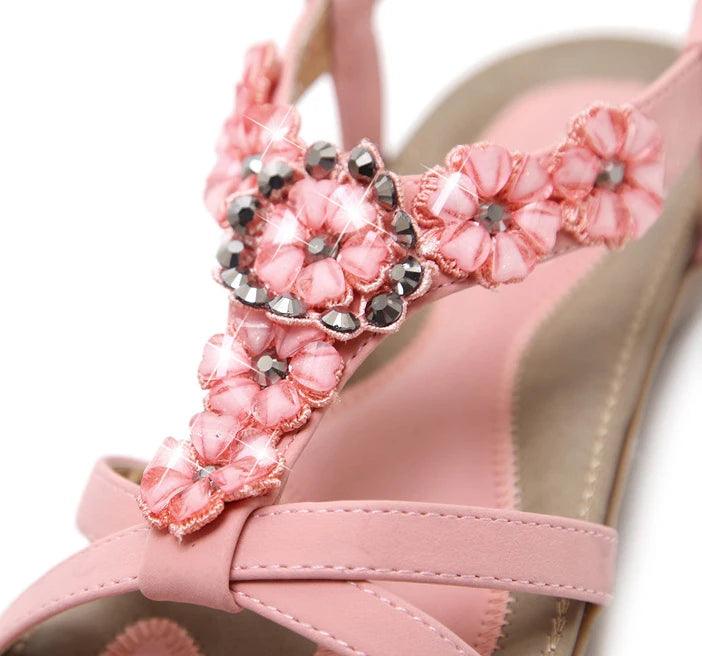 TIMETANGComfortable Flat Heel Sandals Women Large Size Summer Shoes Woman Bohemia Flowers Rhinestone Beach Ladies Shoes - petguardiansupplies