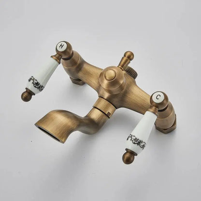 Brass Antique Shower Faucets Set  Porcelain Ceramic Shower Column Swivel Rotate Bath Spout Dual Knobs Mixer Tap Bath Shower Kit - petguardiansupplies