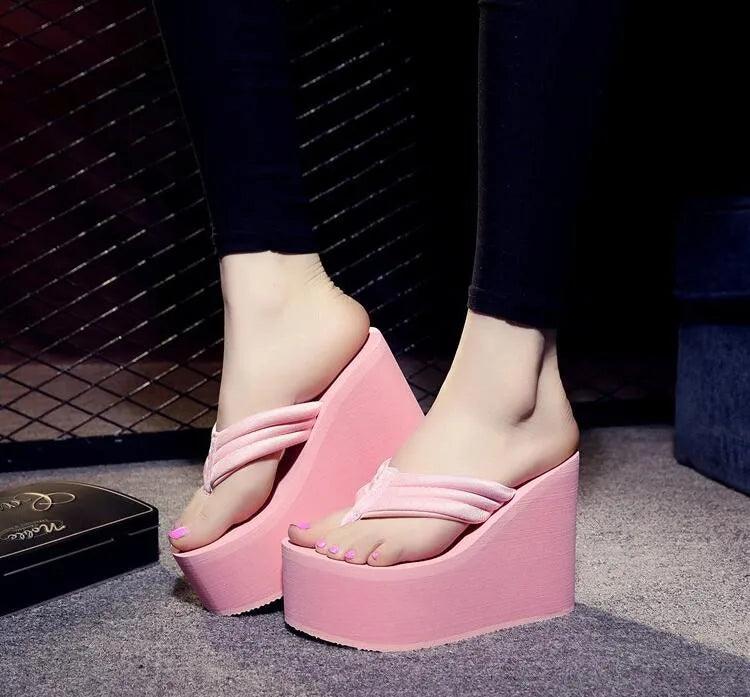 Summer New Arrival Women Chunky Sandals Super High Heels Wedges Flip Flops Lady Pure Color Water Taiwan Shoes Plus Size 40 41 - petguardiansupplies