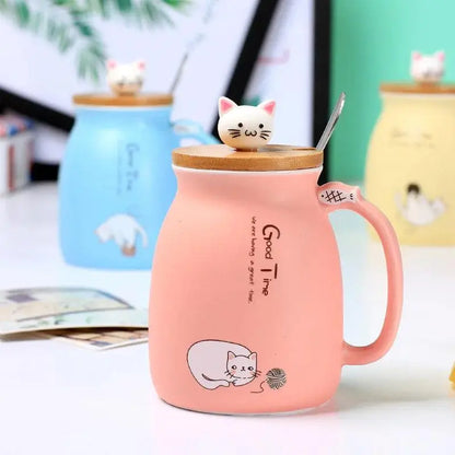 Creative color cat heat-resistant Mug cartoon with lid 450ml cup kitten coffee ceramic mugs children cup office Drinkware gift - petguardiansupplies