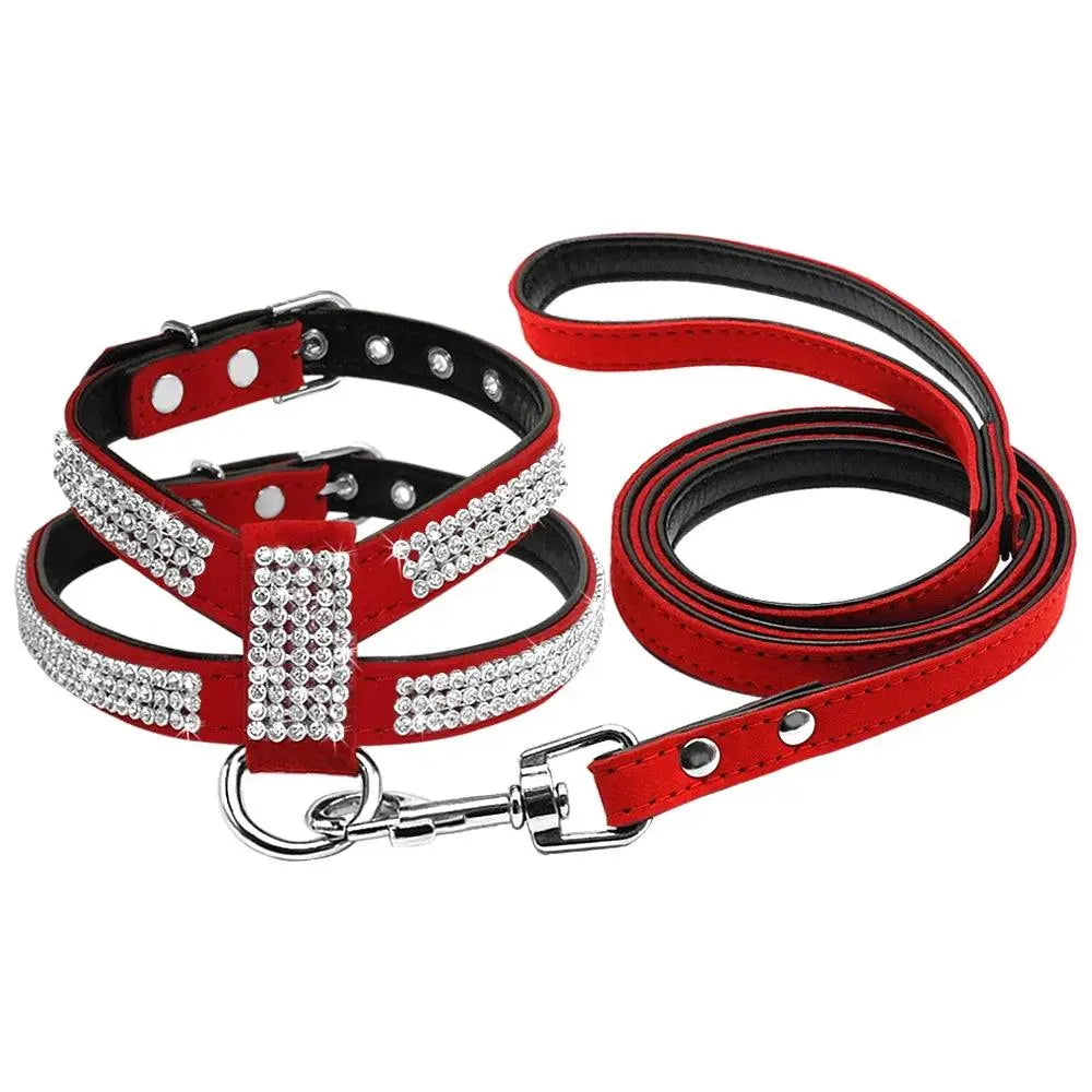 Didog Small Dog Harness And Leash set Suede Leather Rhinestone Pet Harnesses and Walking Leads For Small Medium Dogs Chihuahua - petguardiansupplies