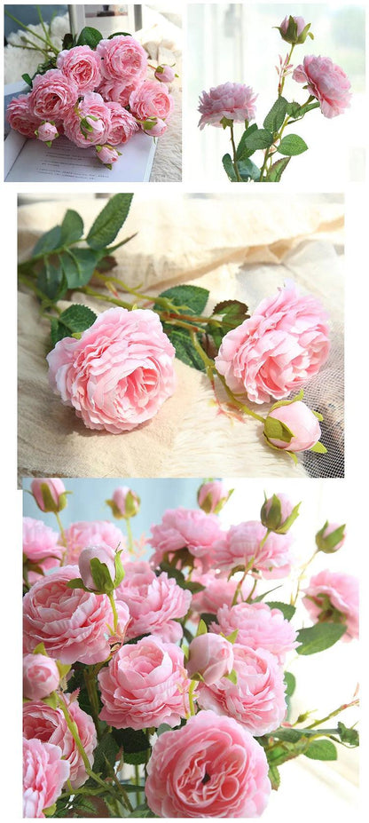 YO CHO Rose Artificial Flowers 3 Heads Pink White Peonies Silk Flower Wedding Garden Decoration Fake Flower Bouquet Peony Color - petguardiansupplies