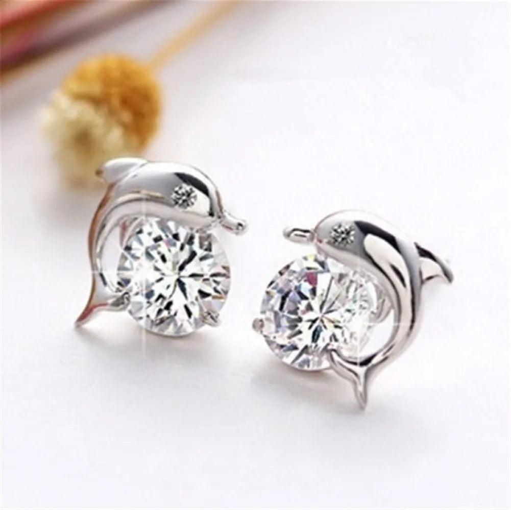 Cute Romantic Dolphin Love Stud Earrings For Women High Quality 925 Jewelry Stering Silver Round Cut AAA Zircon Brinco Bijoux - petguardiansupplies