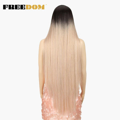 FREEDOM Synthetic Lace Front Wigs For Women Super Long 38Inch Ombre Blonde Highlight Ginger Straight Lace Wigs Cosplay Wigs - petguardiansupplies