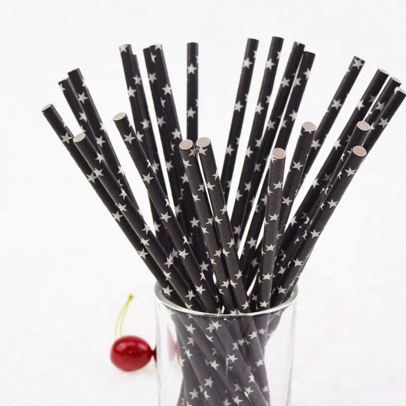 25pcs Black Paper Drinking Straws Star Striped Mustache zebra Paper Straw for Baby Shower Wedding Birthday Halloween Party Decor - petguardiansupplies