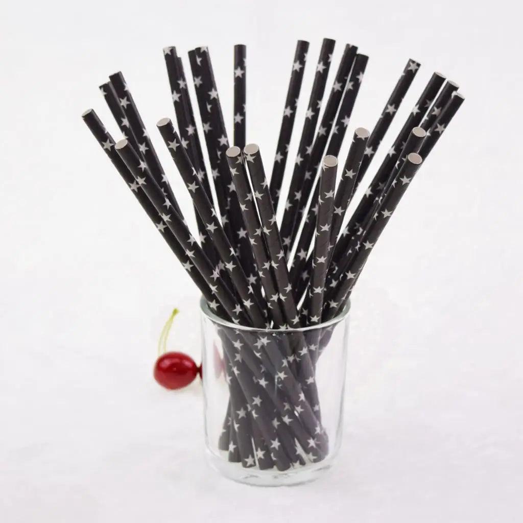 25pcs Black Paper Drinking Straws Star Striped Mustache zebra Paper Straw for Baby Shower Wedding Birthday Halloween Party Decor - petguardiansupplies