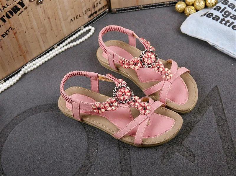 TIMETANGComfortable Flat Heel Sandals Women Large Size Summer Shoes Woman Bohemia Flowers Rhinestone Beach Ladies Shoes - petguardiansupplies