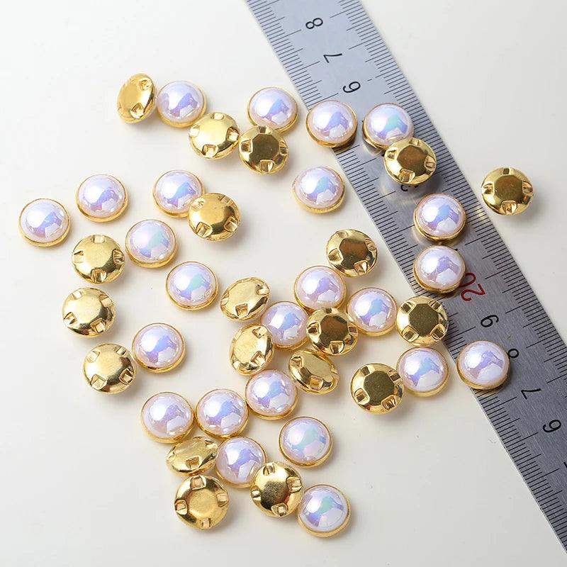 RESEN 6mm 8mm,10mm,12mm Sew On Pearls For Dresses With Claw Gold/Sliver Claw Rhinestones Round Pearl Button Sew On Stones - petguardiansupplies