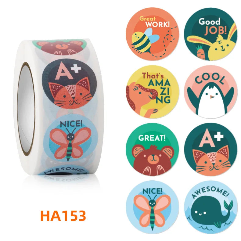 100-500 Pcs 1inch/2.5cm Animal Good Job Cool Stickers Roll for Envelope Praise Reward Student Work Label Stationery Seal Lable - petguardiansupplies