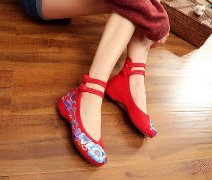 Veowalk Vintage Women Cotton Flower Embroidery Shoes Ladies Casual Chinese Style Comfortable Soft Canvas Dance Ballets Ballerina - petguardiansupplies