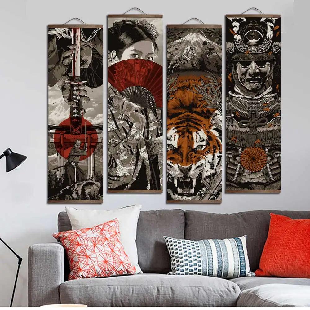 Japanese Samurai Ukiyoe Tiger Canvas Poster Pictures for Living Room Home Decor Painting Wall Art with Solid Wood Hanging Scroll - petguardiansupplies