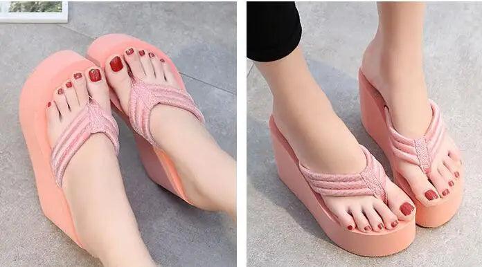 Women Fashion Summer Chunky Sole Wedges Heels Flip Flops Casual Shoes New Arrival Waterproof Taiwan Slippers Sexy Lady Sandals - petguardiansupplies