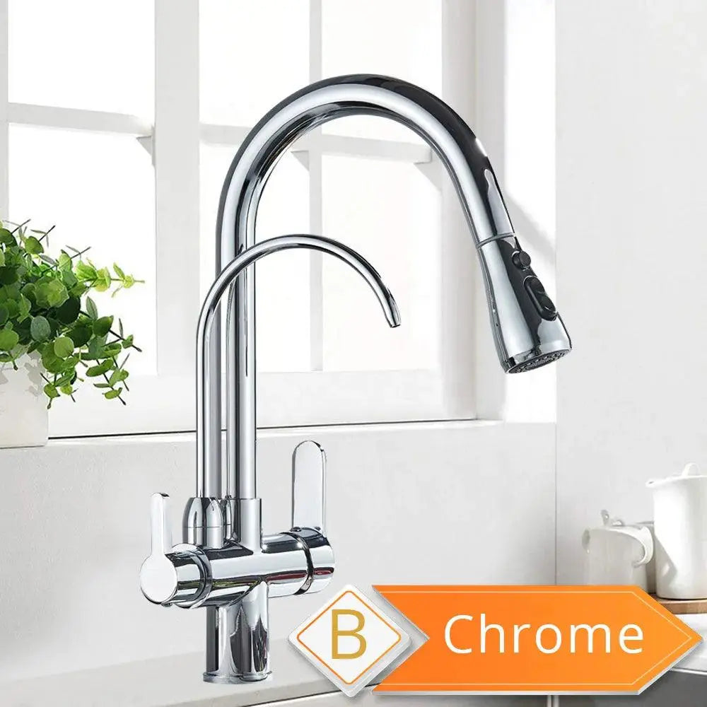 Black and Golden Filtered Crane For Kitchen Pull Out Sprayer  drinking water Three Ways Water Filter Tap Kitchen Faucet hot cold - petguardiansupplies