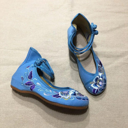 Veowalk Vintage Women Cotton Flower Embroidery Shoes Ladies Casual Chinese Style Comfortable Soft Canvas Dance Ballets Ballerina - petguardiansupplies