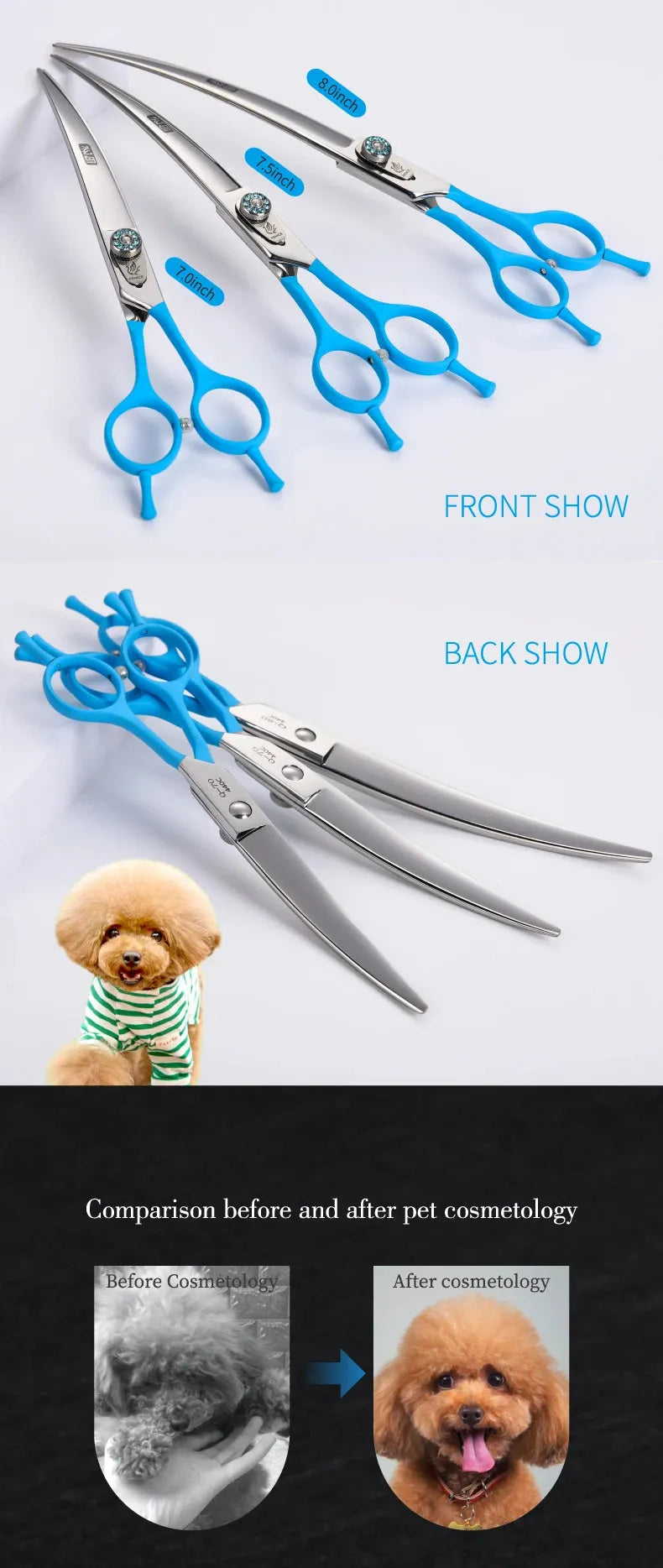 Fenice 7.0 7.5 8.0 Inch Professional Black Grooming Scissors Curved Shear for Teddy/Pomeranian Dogs Pet Grooming Tools JP 440C - petguardiansupplies