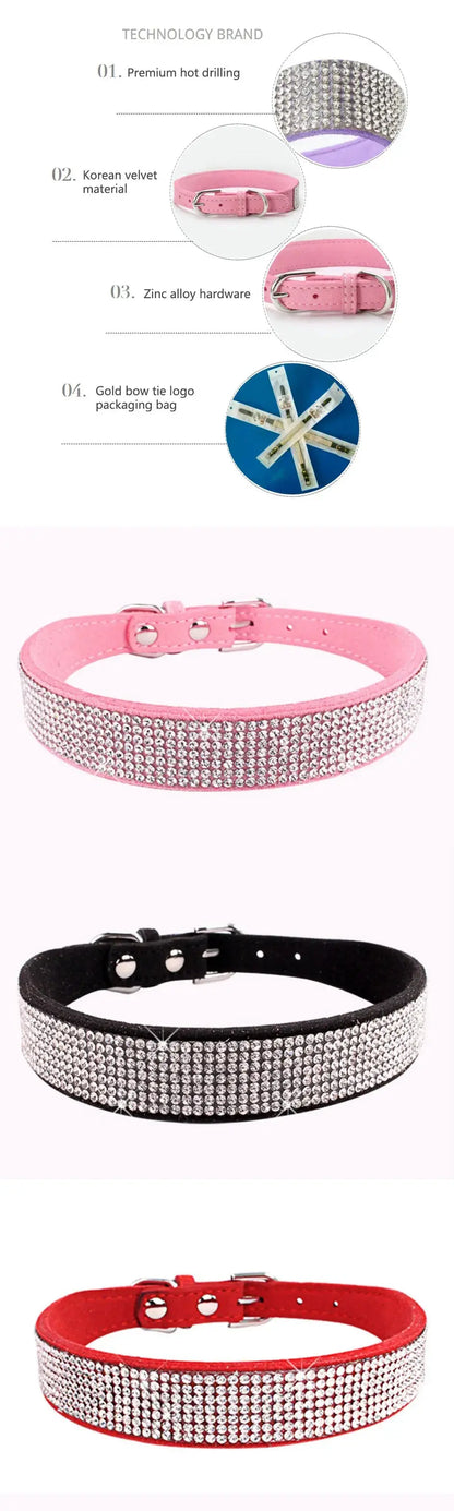 Suede Fiber Crystal Dog Collar Comfortable Glitter Rhinestone Dog Collars Zinc Alloy Buckle Collar for Small Dogs Cats XXS-L - petguardiansupplies