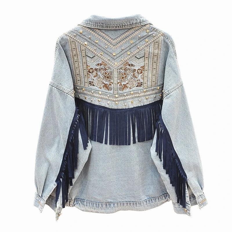 Denim Jacket Korean Floral Embroidery Suede Fringe Loose Chaquetas Mujer Coat Long Sleeve Outerwear Women Veste Femme - petguardiansupplies