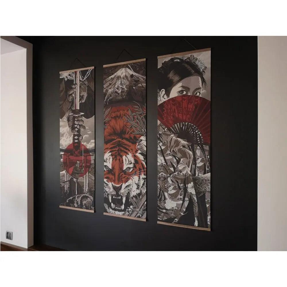 Japanese Samurai Ukiyoe Tiger Canvas Poster Pictures for Living Room Home Decor Painting Wall Art with Solid Wood Hanging Scroll - petguardiansupplies