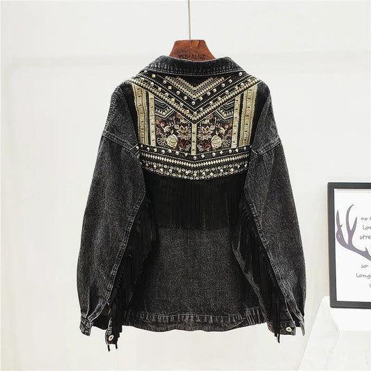 Denim Jacket Korean Floral Embroidery Suede Fringe Loose Chaquetas Mujer Coat Long Sleeve Outerwear Women Veste Femme - petguardiansupplies