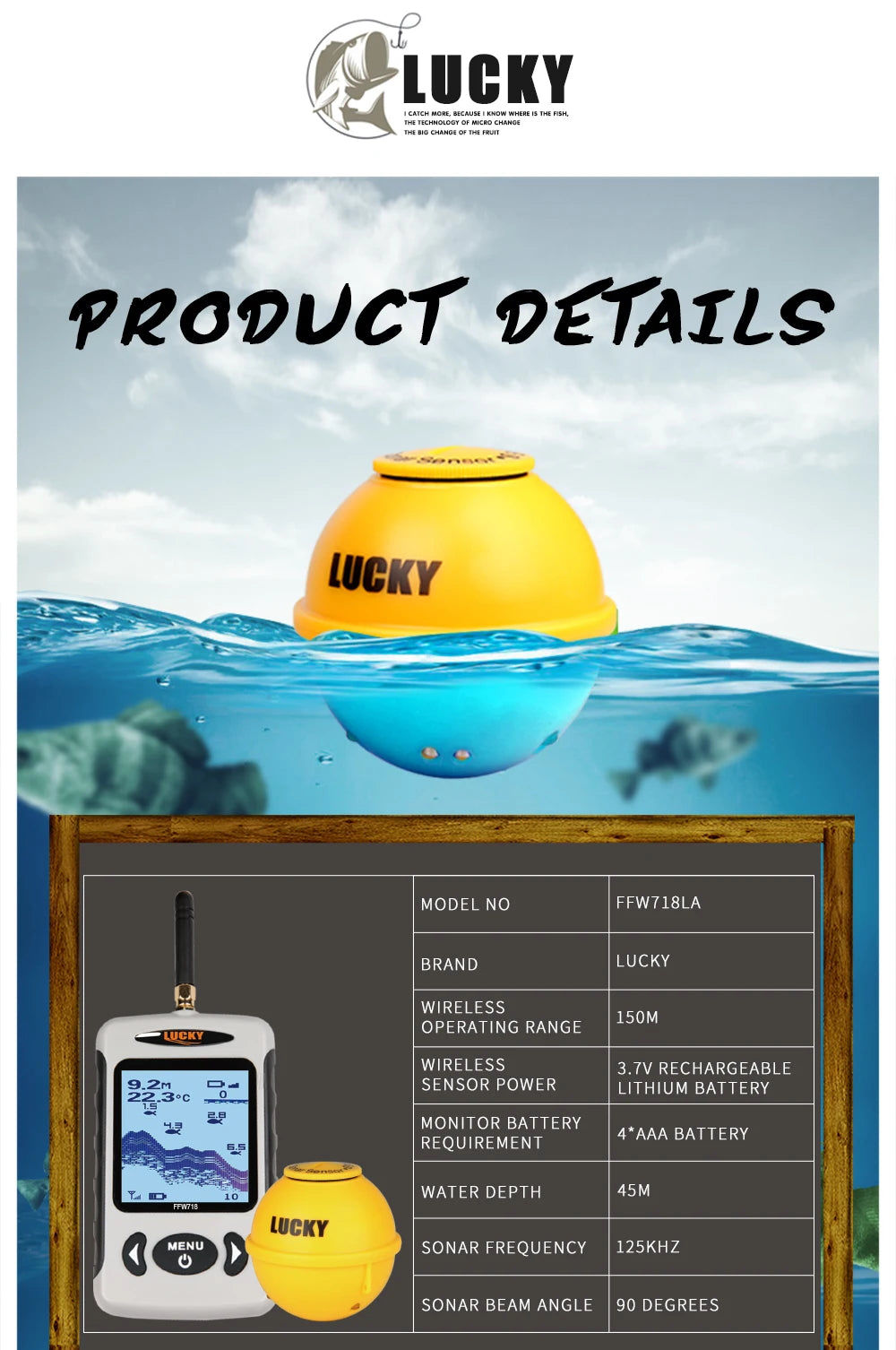 Lucky FFW718& FFW718LA Wireless Portable Fish Finder 45M/135FT Sonar Depth Sounder Alarm Ocean River Lake - petguardiansupplies