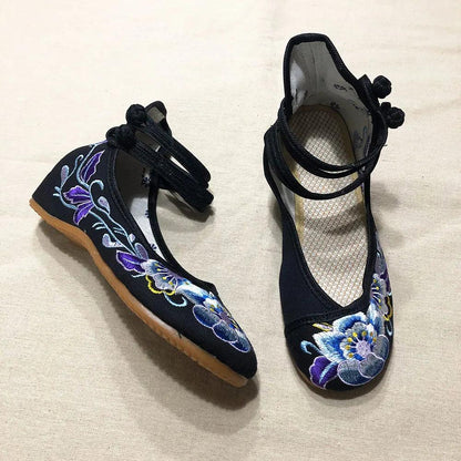 Veowalk Vintage Women Cotton Flower Embroidery Shoes Ladies Casual Chinese Style Comfortable Soft Canvas Dance Ballets Ballerina - petguardiansupplies