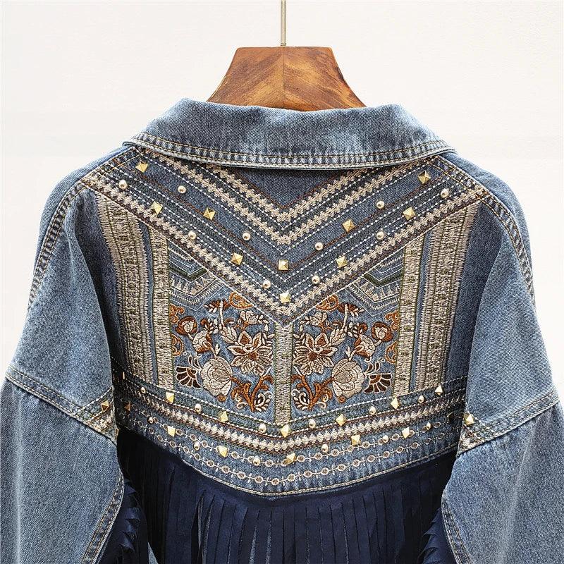 Denim Jacket Korean Floral Embroidery Suede Fringe Loose Chaquetas Mujer Coat Long Sleeve Outerwear Women Veste Femme - petguardiansupplies